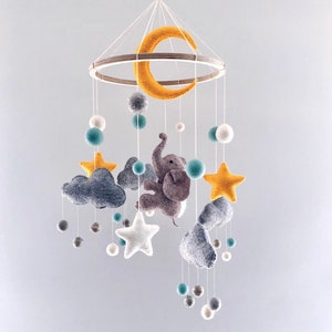 Moon and elephant baby crib mobile, Woodland animal cot mobile, Nursery decor mobile, Stars clouds mobile