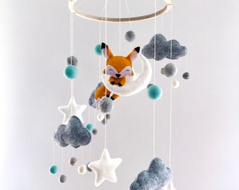 Moon and fox mobile, Woodland mobile, Girl or boy mobile, Nursery decor mobile, Star mobile, Clouds mobile, Night sky, Felt bolls mobile