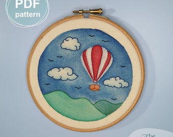 Hot air balloon watercolour embroidery, PDF pattern digital download