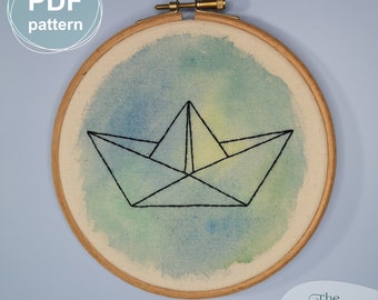 Watercolour origami boat embroidery pattern, PDF digital download