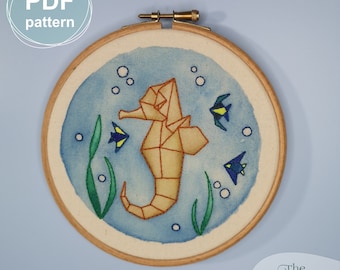 Origami seahorse embroidery pattern, PDF digital download, watercolour embroidery