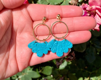Polymer clay earrings, textured earrings, long earrings for women, statement earrings, teal clay earrings, earrings with gold charms