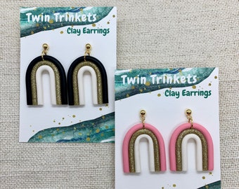 Arch clay earrings, rainbow earrings, pink clay earrings, black clay earrings, polymer clay earrings, white and gold earrings, fun earrings