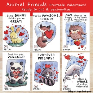 Cartes de Saint-Valentin amis les animaux / Cartes de Saint-Valentin animaux aquarelles / Cartes de Saint-Valentin pour enfants / Renard / Lapin / Baleine / Hibou / Raton laveur / Panda