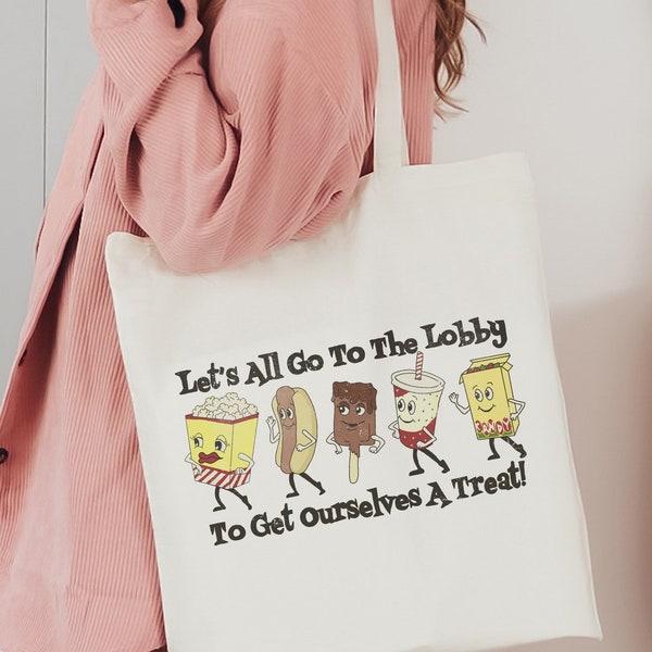 Movie Theater Retro Tote Bag - Let's All Go to the Lobby Canvas Gift Bag - Snack Cartoon Reusable Tote