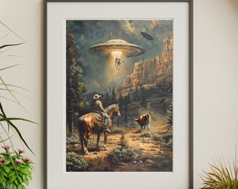 Western Decor UFO Print Antique Farmhouse Farm Painting Art Farmhouse Style Cow Prints Cow Wall Decor Funny Cow Print Cow Poster SciFi Art