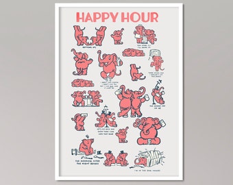 Pink Elephant Vintage Style Poster - 1930's Bar and Club Print - Happy Hour Kitchen Bar Wall Decor