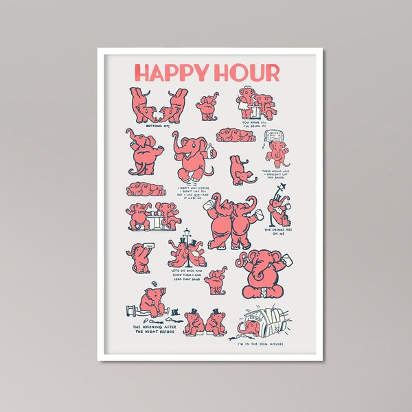 Pink Elephant Vintage Style Poster - 1930's Bar and Club Print - Happy Hour Kitchen Bar Wall Decor