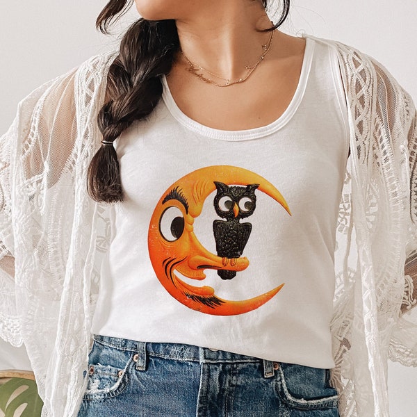 Owl Moon Halloween Tank Top - Retro 1950s Spooky Sleeveless Tee - Scary Die Cut Unisex Shirt