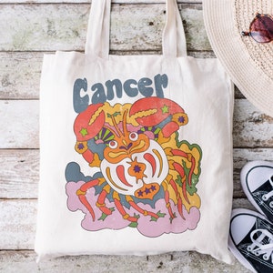 Cancer Zodiac Hippie Tote Bag - Retro Hippie 70s Canvas Bag - Birthday Eco Friendly Packaging