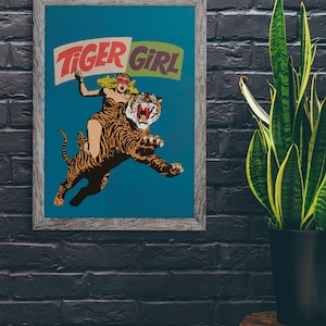 Tiger Girl Comic Vintage Style Poster - Retro Aesthetic 1970s  Wall Art - Funny Woman Nerd Print Decor