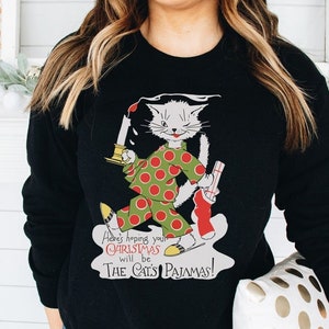 Cat Christmas Sweatshirt - Retro Pajamas Xmas Kitten Pullover - 1950s Kitty Unisex Long Sleeve