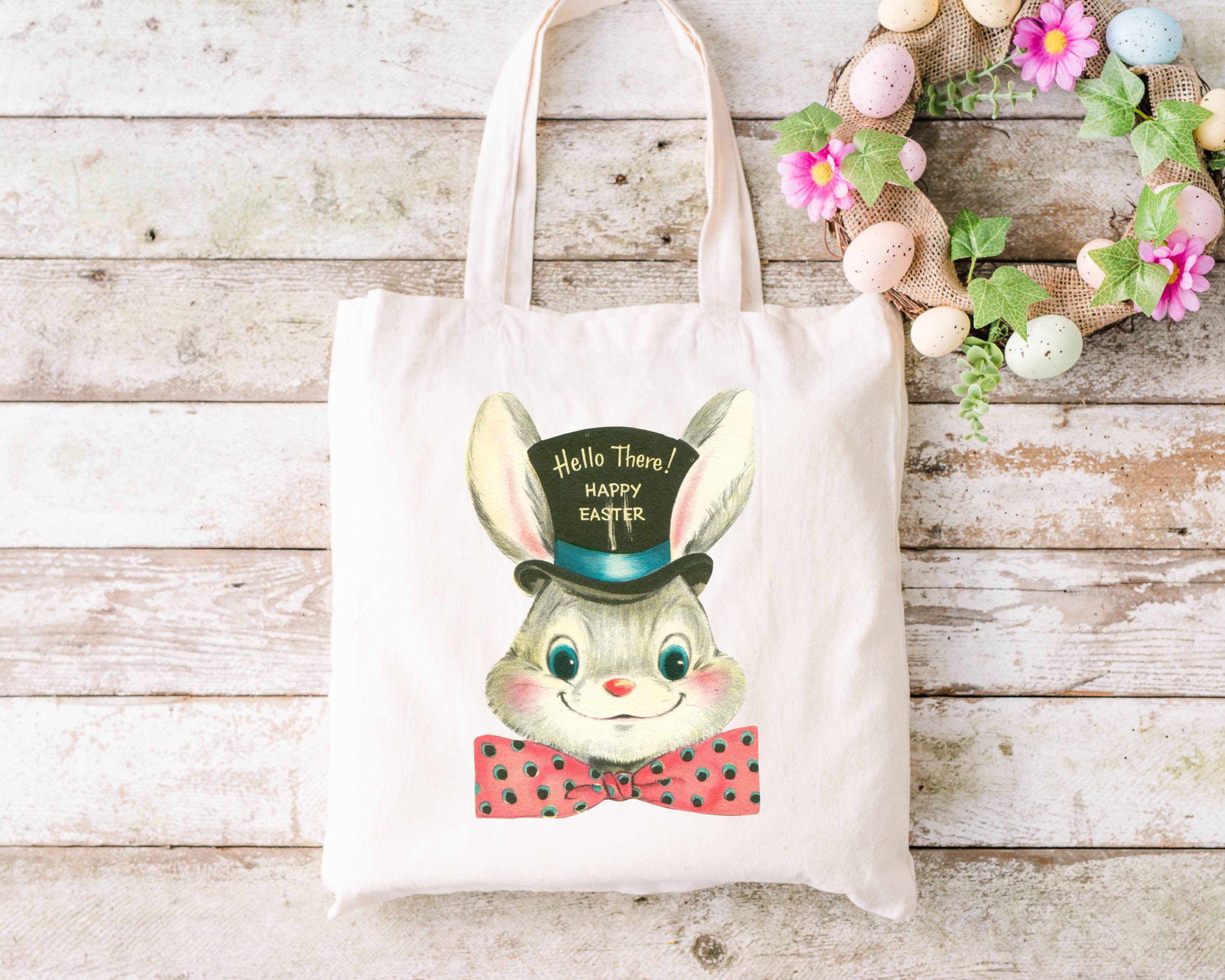 Coniglietto pasquale anni '50 in borsa tote cappello a cilindro Dapper  Vintage Rabbit Graphic Bookbag Nuovo pacchetto per la cura della mamma -   Italia