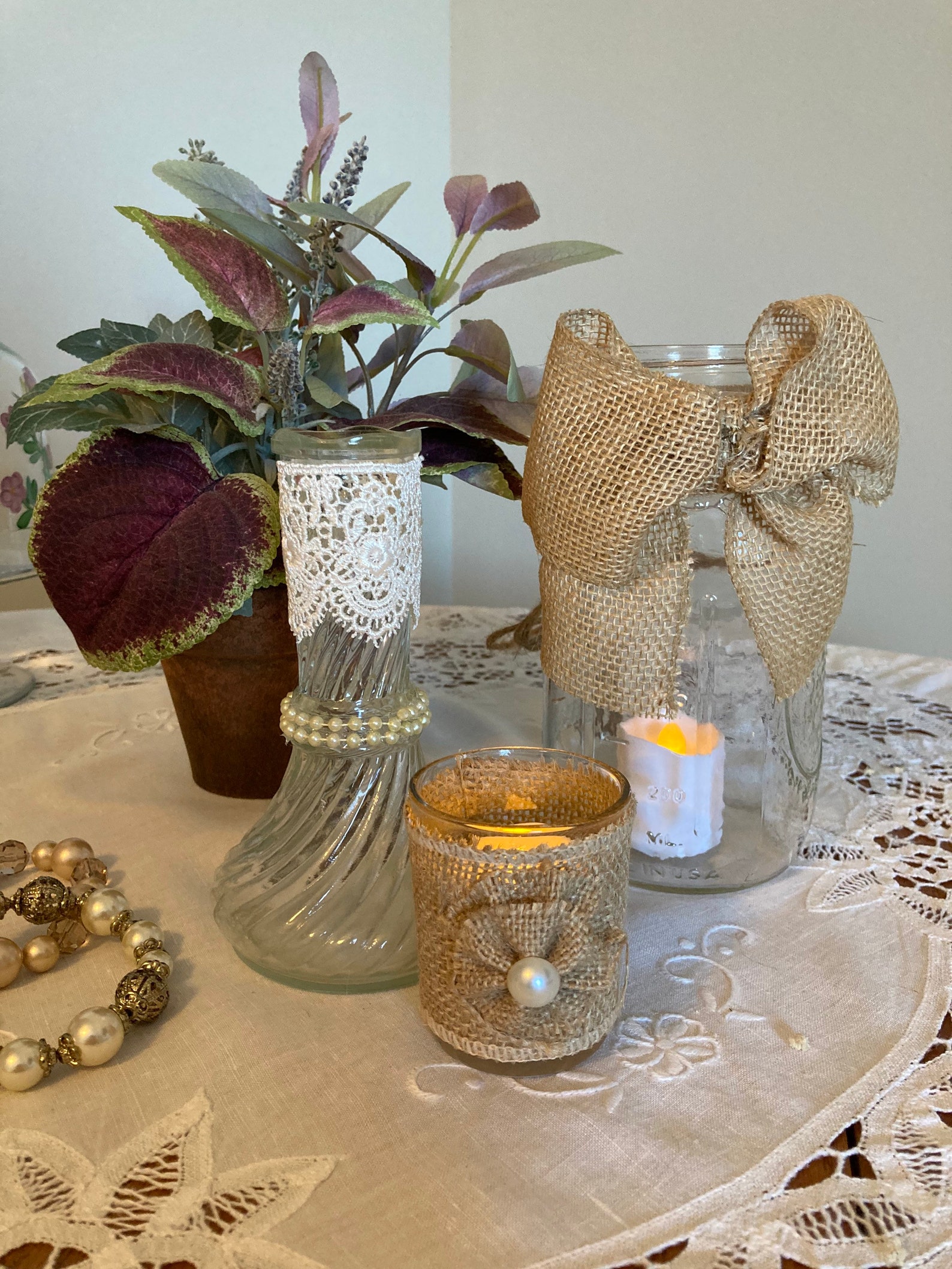 Shabby Chic Glass Candle Holders set of 3 Etsy