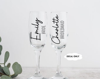 Personalised Bride Bridesmaid Wedding Champagne Prosecco glass name decals Wedding party glass name labels Hen Party Decals