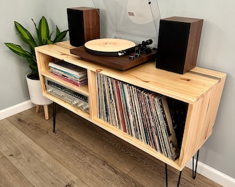 Vinyl Record Stand with Receiver Shelf/ Record Storage / Turntable Station/ Vinyl Record Storage/ Mid Century Modern