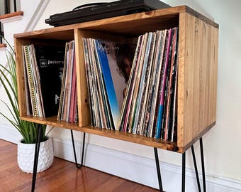 Handmade Wood Vinyl Record Stand: Mid Century Modern Turntable Station