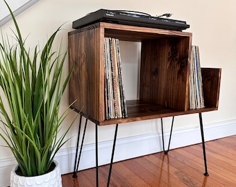 Handmade Mid Century Modern Record Player Stand: Vinyl Storage with Metal Legs