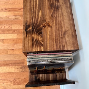 Op de afbeelding: Een donker gebeitste houten platenopslag met een ingebouwde plantenbak. De unit heeft een bovenste gedeelte voor planten en een onderste plank voor vinylplaten. De houtnerf is zichtbaar.
