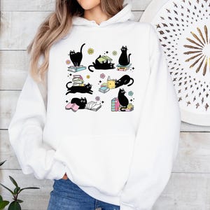 Funny Kitten Hoodie, Book Merch Hoodie, Cute Black Cat Top, Cats and Books, Cat Lover Hoodie, Bookish Gifts, Cat Owner Gift, Bookworm Jumper
