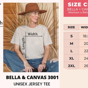May include: Size chart for Bella + Canvas 3001 unisex jersey tee and Bella + Canvas 6400 women's relaxed jersey. The chart shows sizes XS to 2XL with corresponding width and length measurements in inches. The chart also includes UK sizes for the women's relaxed jersey.