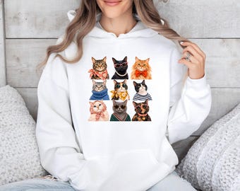 Fashion Cat Hoodie, Vintage Cats Jumper, Trendy Animal Top, Groovy Cat Mom, Stylish Cat Pullover