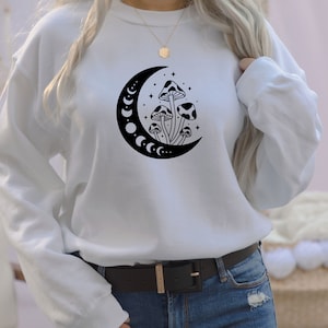 Moon Phase Sweatshirt, Mushroom Sweatshirt, Celestial Sweater, Crescent Moon, Cottagecore Jumper, Spiritual Jumper, Mushroom Lovers Gift
