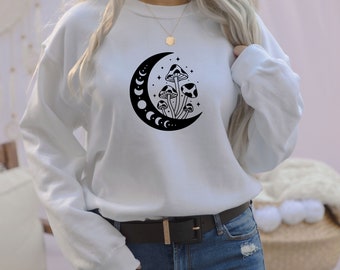Moon Phase Sweatshirt, Mushroom Sweatshirt, Celestial Sweater, Crescent Moon, Cottagecore Jumper, Spiritual Jumper, Mushroom Lovers Gift