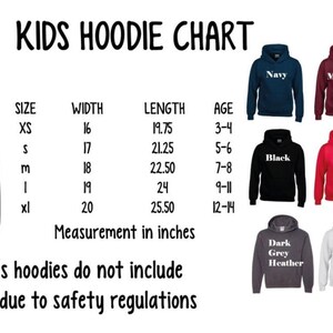 The image is a kids hoodie chart that provides measurements and sizes for various hoodie designs. The chart includes a gray hoodie with measurements and a collection of colorful hoodies with different sizes and styles. The chart also includes a note that the kids hoodies do not include drawstrings due to safety regulations.