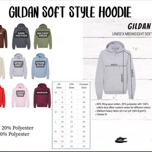 The image is a collage of various hoodie designs and sizes, along with their corresponding measurements and details.
