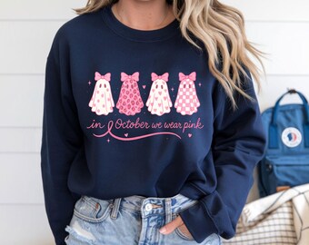 Breast Cancer Sweatshirt, Pink Ribbon Sweater, Pink Ghost Jumper, Preppy Breast Cancer, Cancer Awareness, October We Wear Pink