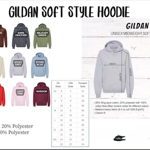 The image is a collage of various hoodie designs and sizes, along with their corresponding measurements and details.