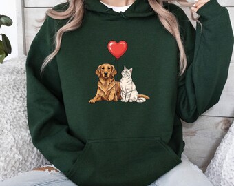 Dog and Cat Hoodie, Golden Retriver Top, Cat Mama Pullover, Dog Valentine Jumper, Cute Pet Love Balloon, Retro Animal Top, Couple Graphic