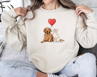 Dog and Cat Sweatshirt, Pet Love Balloon, Golden RetriverJumper, Cat Mama Pullover, Dog Valentine Top, Retro Animal Jumper, Pet Lovers Gift