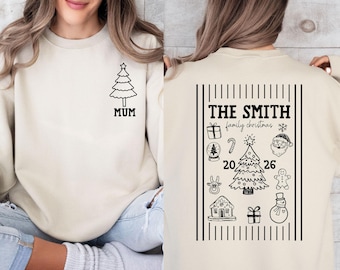 Custom Family Name Christmas Sweatshirt, 2026 Xmas Holiday Jumper, Matching Family Top, Xmas Doodle Top