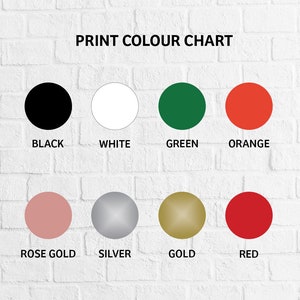 May include: Print color chart showing 8 different colors: black, white, green, orange, rose gold, silver, gold, and red.