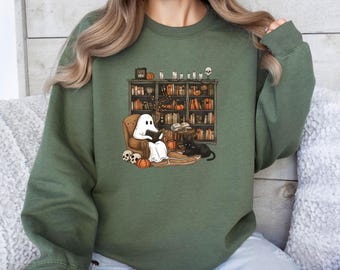 Halloween Library Sweatshirt, Bookshelf Top, Ghost Reading Book, Ghost Books Jumper, Teacher Halloween, Book Lover Gift, Black Cat And Book