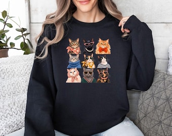 Stylish Cat Sweatshirt, Fashion Cat Sweater, Trendy Animal Top, Pet Lover Jumper, Cats Sunglasses