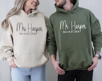Benutzerdefinierte Paare Passende Hoodie, Flitterwochen Mrs Est Wifey Ehemann Top