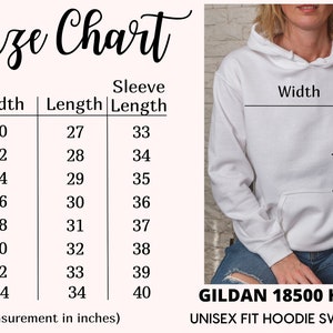 May include: A white Gildan 18500 hoodie sweatshirt with a size chart. The chart lists sizes S to 5XL, with corresponding width, length, and sleeve measurements in inches. The hoodie is unisex fit.