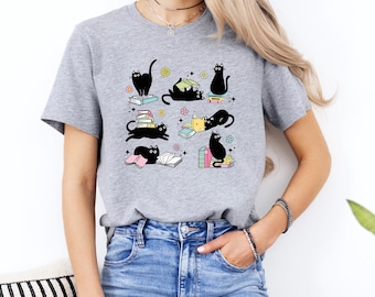 Books and Cats Shirt, Cute Black Cat Tee, Book Merch Tshirt, Kitten Shirt, Cat Lover Tshirt, Bookish Shirt, Cat Owner Gift, Bookworm Shirt