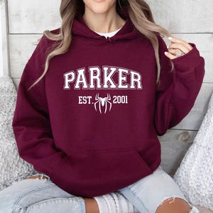 Parker 2001 Crewneck Hoodie, Pullover Sweatshirt, Parker VARSITY Unisex Hoodie, Peter Parker, Spider Man, Parker Spiderman, Christmas image 2