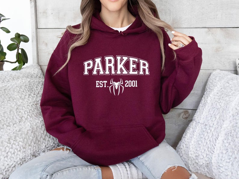 Parker 2001 Crewneck Hoodie, Pullover Sweatshirt, Parker VARSITY Unisex Hoodie, Peter Parker, Spider Man, Parker Spiderman, Christmas image 2