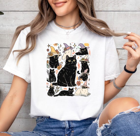 Witchy Cat Shirt, Spooky Black Cat, Fall Black Cat Shirt, Halloween Cat Shirt, Black Cat Mama, Vintage Cat, Halloween Party, Spooky Season