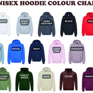 a color chart for unisex hoodies, showing various colors such as white, grey, black, red, blue, royal, navy, light pink, paragon, forest green, sand, cocoa, and maroon.
