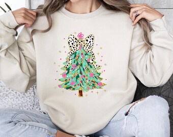 Coquette Christmas Tree Swetaer, Faux Glitter Tree Sweatshirt, Hand Drawn Tree Jumper, Pine Tree Sweatshirt, Girly Christmas Sweatshirt
