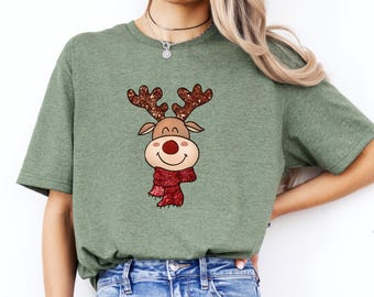 Christmas Reindeer Shirt, Faux Sequin Reindeer, Christmas Vibes Shirt, Holiday Reveal Shirt, Cute Reindeer Shirt, Xmas Tshirt, Animal Shirt