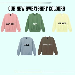 five different colored sweatshirts, each with a unique color and label, indicating the new colors for the sweatshirt collection.
