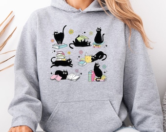 Sudadera divertida con gatito, sudadera con capucha de libros, camiseta linda de gato negro, gatos y libros, sudadera para amantes de los gatos, regalos para amantes de los libros, regalo para dueños de gatos, jersey para ratones de biblioteca