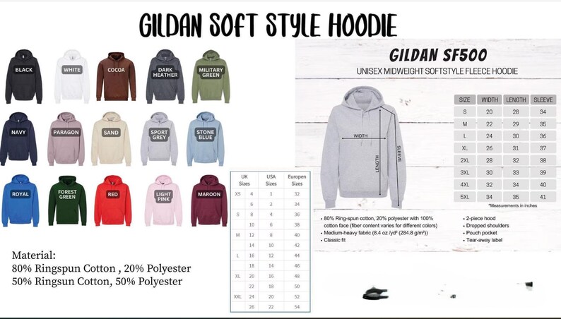 The image is a collage of various hoodie designs and sizes, along with their corresponding measurements and details.
